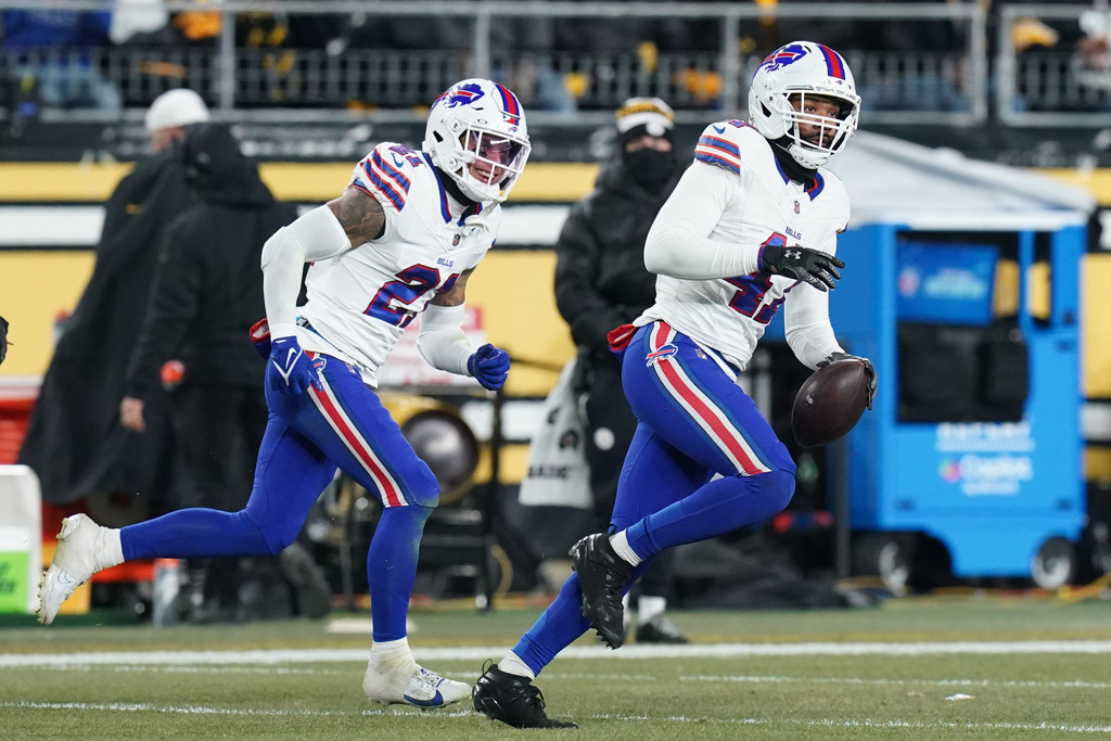 Buffalo Bills cornerback Christian Benford (47) celebrates after an interception during the second half of an NFL football game against the Pittsburgh Steelers Sunday, Nov. 30, 2025, in Pittsburgh. (AP Photo/Matt Freed)