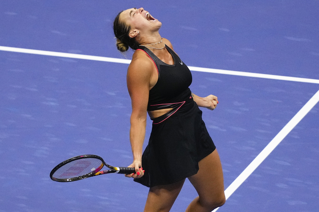 Aryna Sabalenka, of Belarus, reacts after defeating Jessica Pegula, of the United States, during the women's singles semifinals of the U.S. Open tennis championships, Thursday, Sept. 4, 2025, in New York. (AP Photo/Yuki Iwamura)