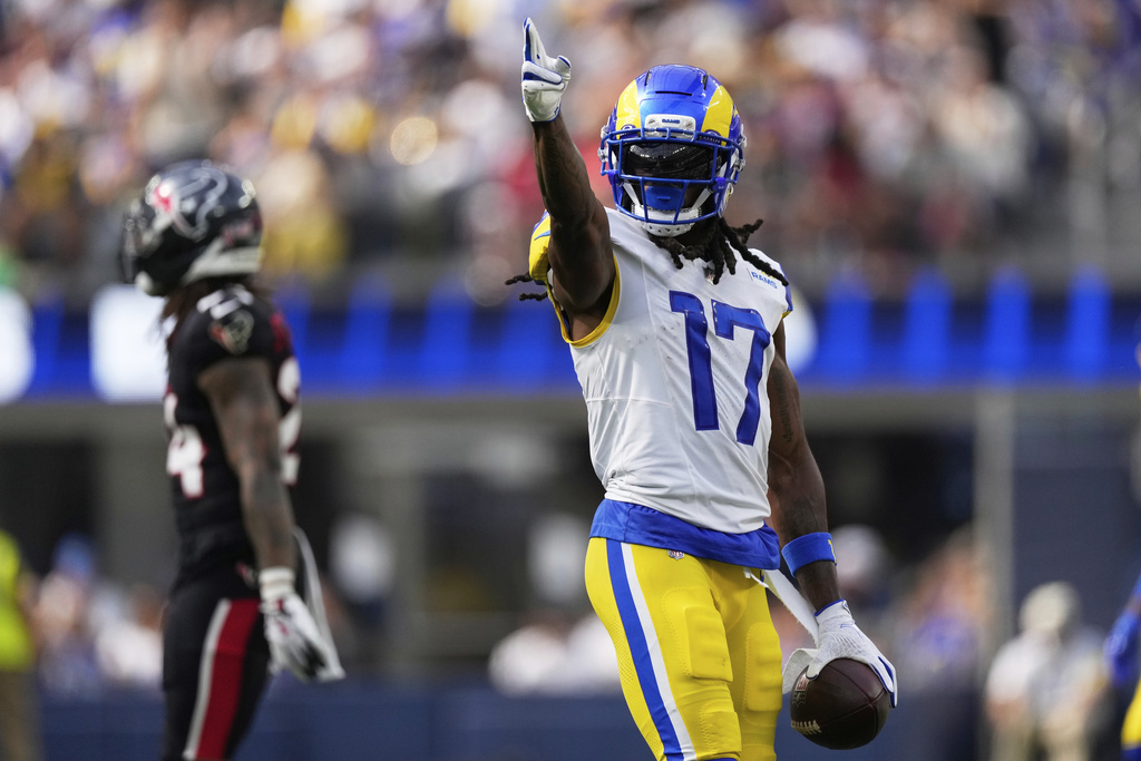 Los Angeles Rams wide receiver Davante Adams (17) celebrates after a reception during the second half of an NFL football game against the Houston Texans, Sunday, Sept. 7, 2025, in Inglewood, Calif. (AP Photo/Mark J. Terrill)