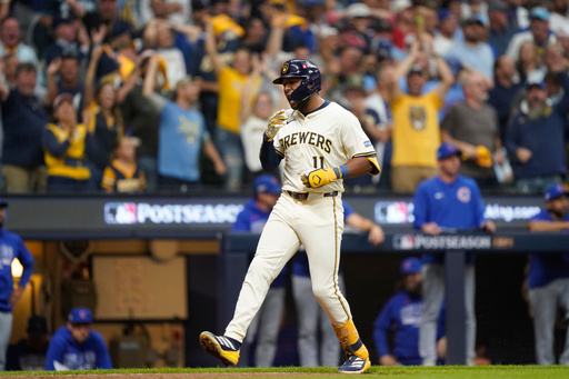 Milwaukee Brewers' Jackson Chourio (11) celebrates while running the bases after hitting a 3-run home run during the fourth inning of Game 2 of baseball's National League Division Series against the Chicago Cubs Monday, Oct. 6, 2025, in Milwaukee. (AP Photo/Kayla Wolf) Milwaukee Brewers' Jackson Chourio (11) celebrates while running the bases after hitting a 3-run home run during the fourth inning of Game 2 of baseball's National League Division Series against the Chicago Cubs Monday, Oct. 6, 2025, in Milwaukee. (AP Photo/Kayla Wolf)
