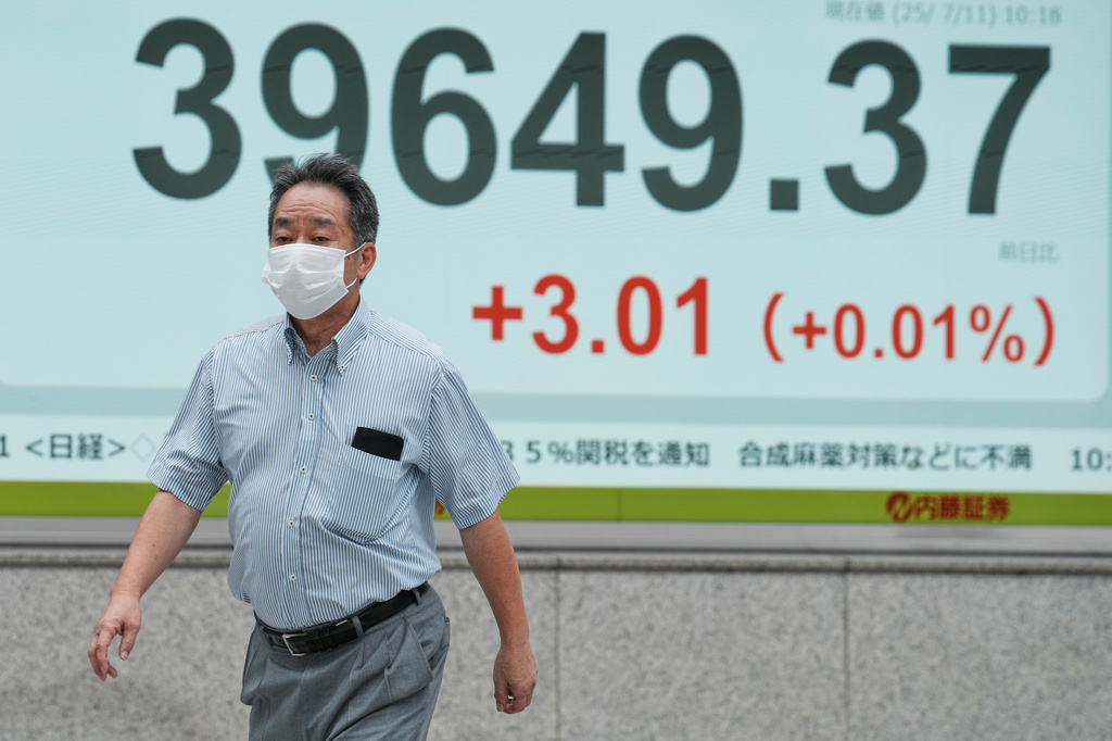 A person walks in front of an electronic stock board showing Japan's Nikkei index at a securities firm Friday, July 11, 2025, in Tokyo. (AP Photo/Eugene Hoshiko)