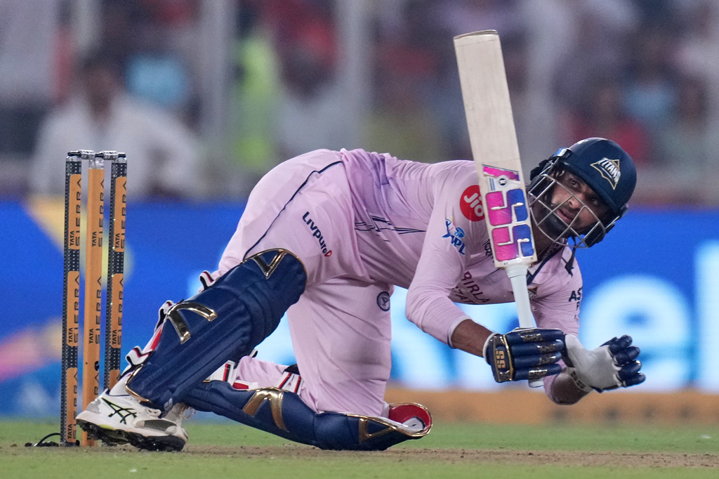 Gujarat Titans' Washington Sundar plays a shot during the Indian Premier League cricket match between Gujarat Titans and Sunrisers Hyderabad, in Ahmedabad, India, Tuesday, May 12, 2026. (AP Photo/Ajit Solanki)