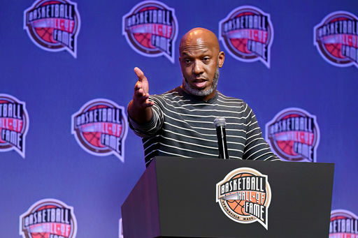 FILE - Basketball Hall of Fame Class of 2024 inductee Chauncey Billups speaks at a hall of fame news conference at Mohegan Sun, Oct. 12, 2024, in Uncasville, Conn. (AP Photo/Jessica Hill, file) FILE - Basketball Hall of Fame Class of 2024 inductee Chauncey Billups speaks at a hall of fame news conference at Mohegan Sun, Oct. 12, 2024, in Uncasville, Conn. (AP Photo/Jessica Hill, file)
