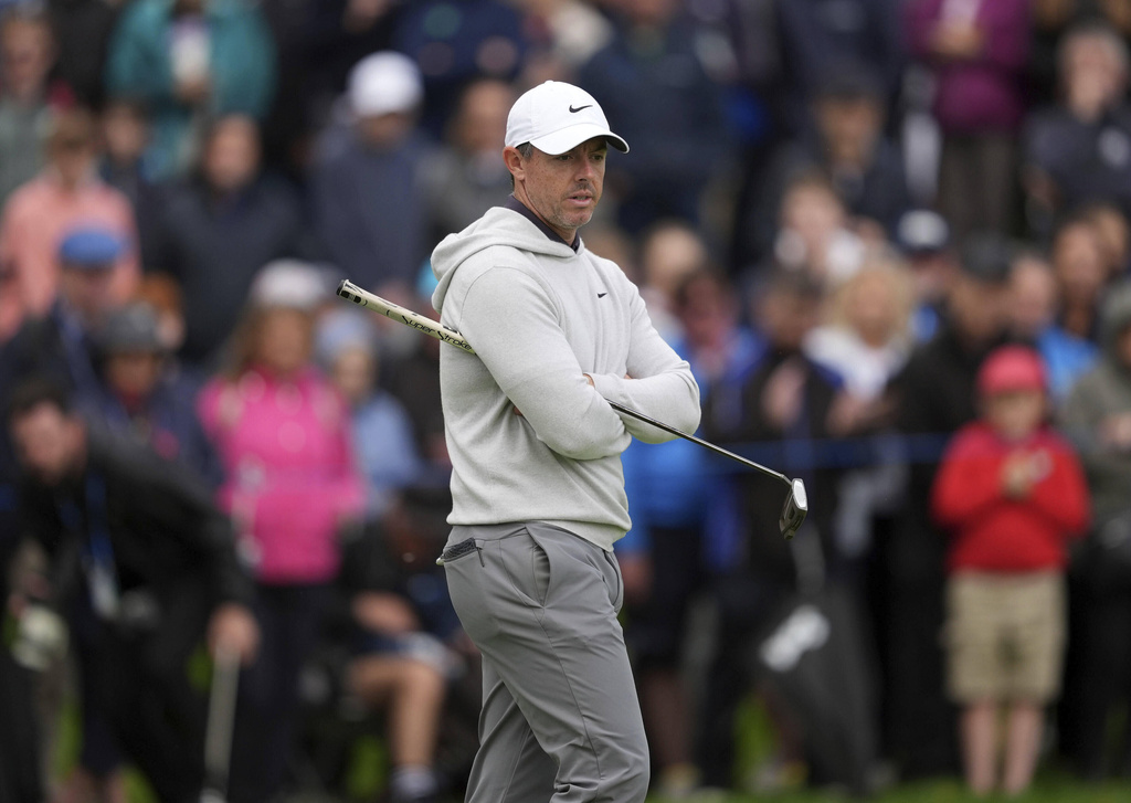 Rory McIlroy looks over a green during the Irish Open golf tournament, Thursday, Sept. 4, 2025, at The K Club in Straffan, Ireland. (Brian Lawless/PA via AP)