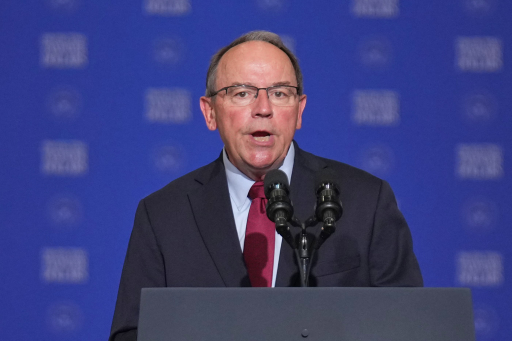 FILE - Rep. Tom Tiffany, R-Wis., speaks at the Wisconsin Air National Guard facility at Milwaukee Mitchell International Airport, July 8, 2026, in Milwaukee. (AP Photo/Mark Schiefelbein, Pool, File)