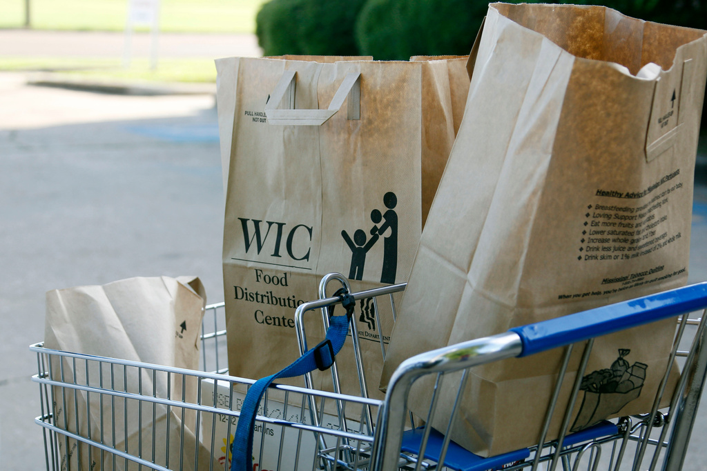 FILE - Grocery bags with food from the Special Supplemental Nutrition Program for Women, Infants and Children, WIC, sit in a shopping cart before being loaded into a vehicle in Jackson, Miss., Oct. 3, 2013. (AP Photo/Rogelio V. Solis, File)