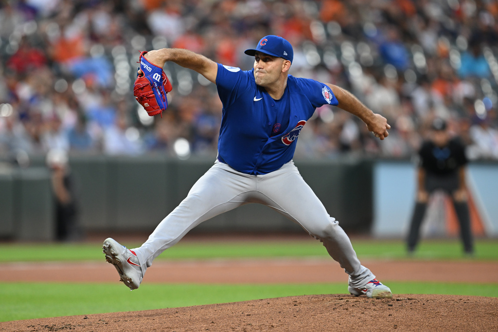 Chicago Cubs pitcher Matthew Boyd delivers a pitch against the Baltimore Orioles in the first inning of a MLB baseball game on Tuesday, July 7, 2026 in Baltimore, Md. (AP Photo/Gail Burton)