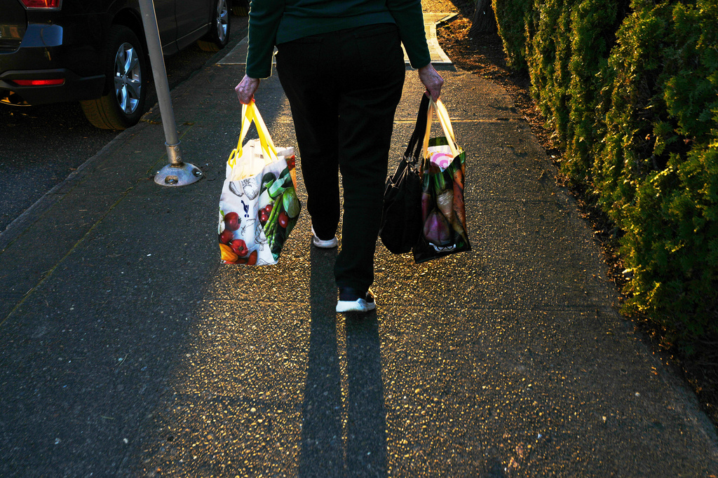 FILE - A woman carries reuable shopping bags to her car March 16, 2026, in Portland, Ore. (AP Photo/Jenny Kane, File)