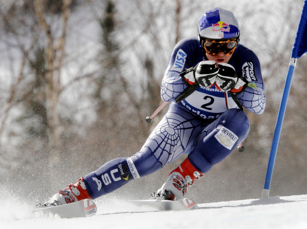 FILE - Daron Rahlves, of Sugar Bowl, Calif., skiis down for a firs-place finish during the men's super-G at the US Alpine Ski Championships, March 26, 2006, in Carrabassett Valley, Maine. (AP Photo/Jim Cole, File)