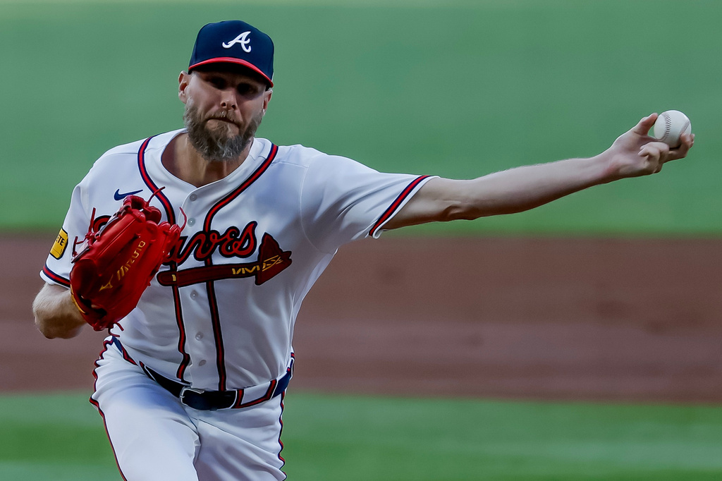 Atlanta Braves pitcher Chris Sale delivers to a Chicago Cubs batter during the first inning of a baseball game, Thursday, May 14, 2026, in Atlanta. (AP Photo/Erik S. Lesser)