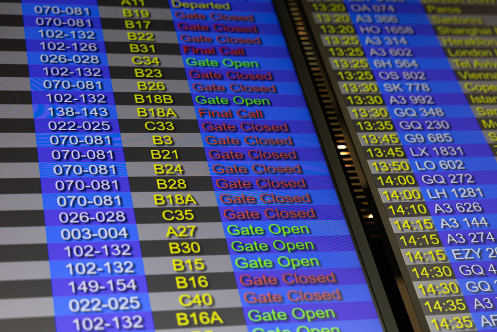 A flight information board is pictured in detail inside Athens' Eleftherios Venizelos international airport in Athens, Greece, Sunday, Jan. 4, 2026, as many flights were disrupted across Greece. (AP Photo/Yorgos Karahalis)