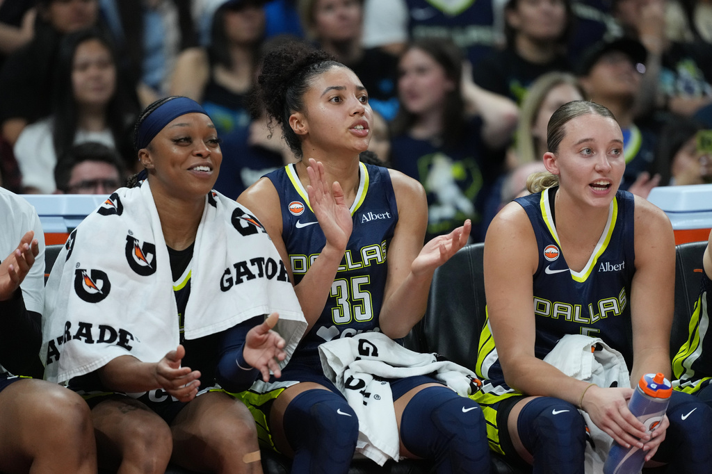 Dallas Wings guard Azzi Fudd (35) cheers from the bench with teammates guard Odyssey Sims, left, and guard Paige Bueckers, right, during the second half of a WNBA preseason basketball game against the Las Vegas Aces in Austin, Texas, Sunday, May 3, 2026. (AP Photo/Eric Gay)