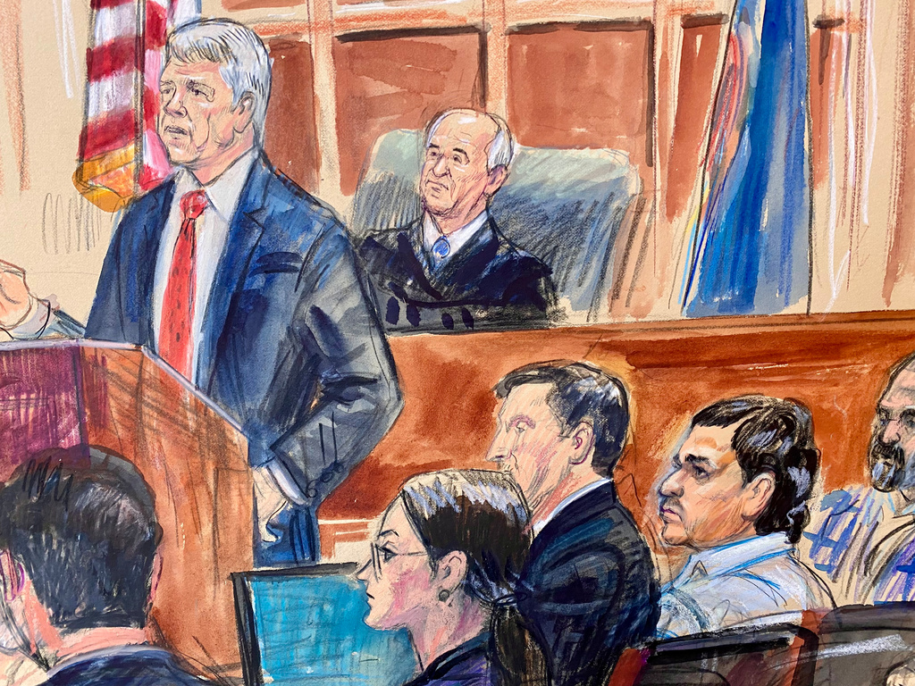 This courtroom sketch depicts Justice Department prosecutor John Gibbs speaking as defense attorneys Lauren Rosen, Geremy Kamens, from center middle seated, defendant Mohammad Sharifullah, and an interpreter, listen along with Judge Anthony John Trenga during the opening day of the trial for Sharifullah in federal court in Alexandria, Va., Monday, April 20, 2026. (Dana Verkouteren via AP)