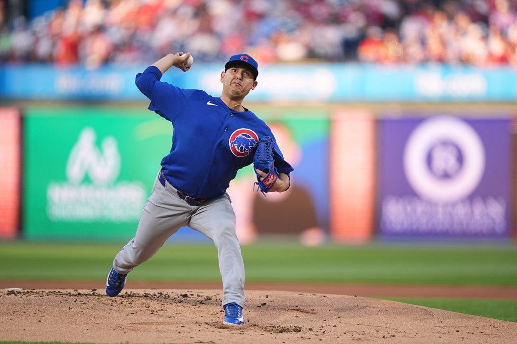 Chicago Cubs' Javier Assad pitches during the first inning of a baseball game against the Philadelphia Phillies, Monday, April 13, 2026, in Philadelphia. (AP Photo/Matt Rourke)