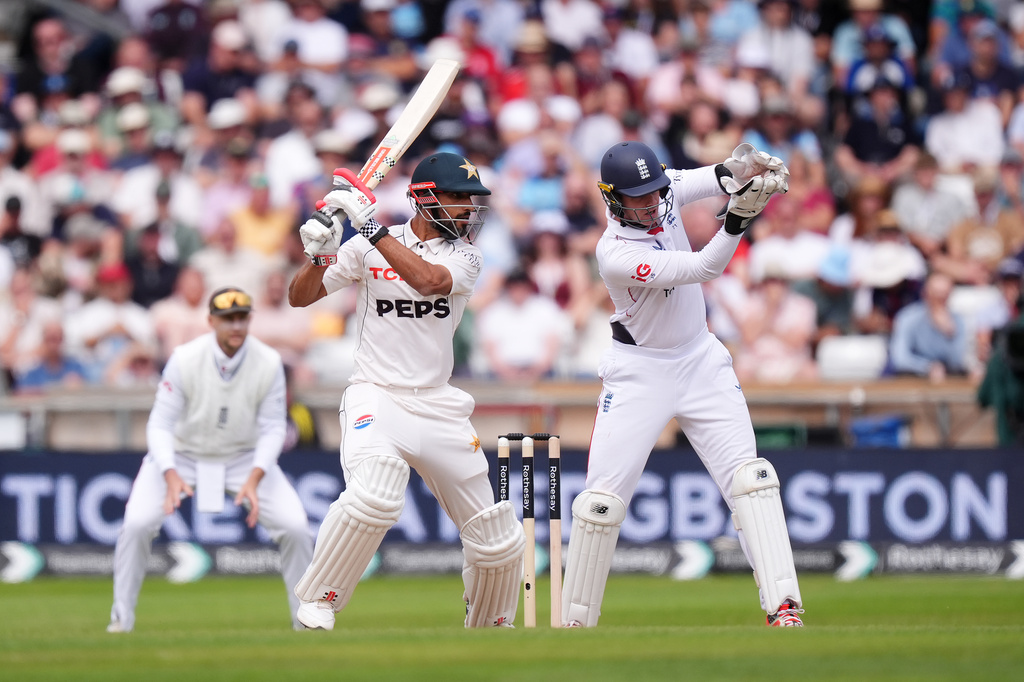 Pakistan's Shan Masood bats on day three of the first Test match between England and Pakistan in Leeds, England, Friday Aug. 21, 2026. (Mike Egerton/PA via AP)