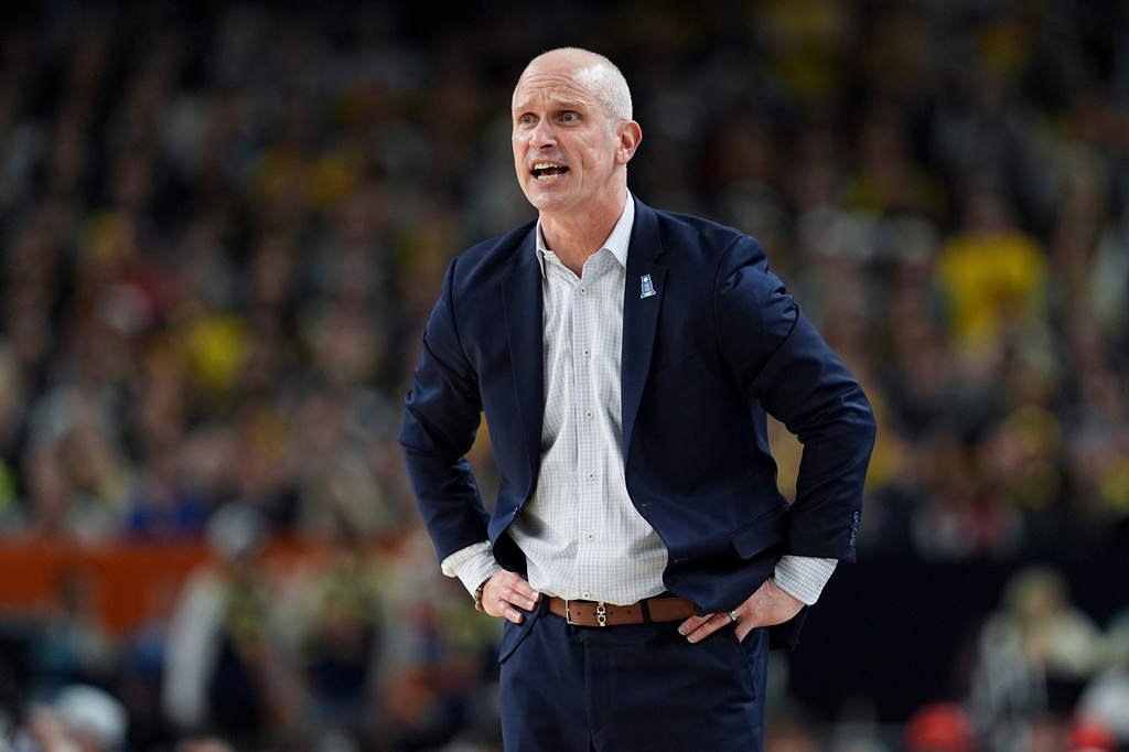 FILE - UConn head coach Dan Hurley reacts during the second half of the NCAA college basketball tournament national championship game against Michigan at the Final Four, Monday, April 6, 2026, in Indianapolis. (AP Photo/Abbie Parr, File)
