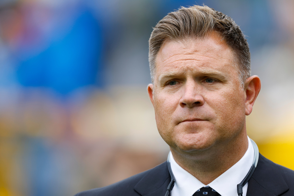FILE - Green Bay Packers general manager Brian Gutekunst walks on the field before a NFL football game against the Detroit Lions in Green Bay, Wis., Sept. 7, 2025. (AP Photo/Jeffrey Phelps, File)