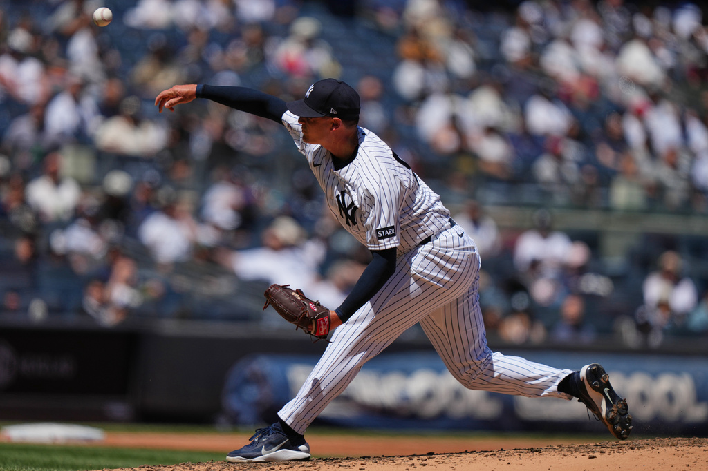 New York Yankees' Brendan Beck pitches during the third inning of a baseball game against the Texas Rangers Thursday, May 7, 2026, in New York. (AP Photo/Frank Franklin II)