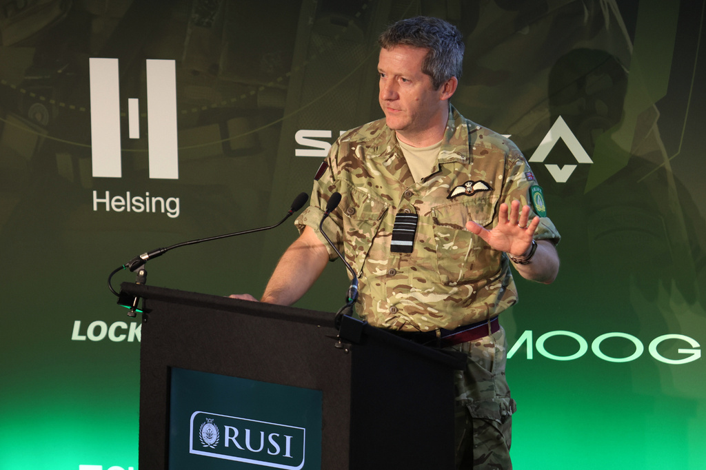 Air Chief Marshal Sir John Stringer, NATO’s Deputy Supreme Allied Commander Europe, speaks at a military conference in London organized by the Royal United Services Institute on Wednesday, June 24, 2026. (Chris Jones via AP)