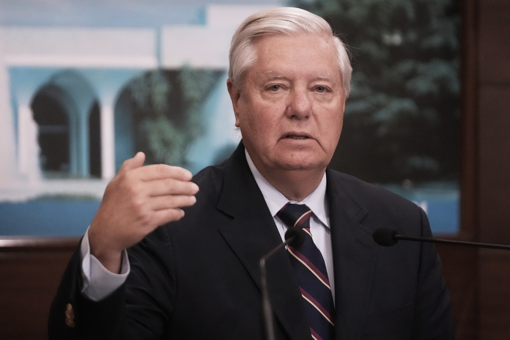 U.S. Sen. Lindsey Graham, R-S.C., speaks during a press conference after his meeting with Lebanese President Joseph Aoun, at the presidential palace in Baabda, east of Beirut, Lebanon, Tuesday, Aug. 26, 2025. (AP Photo/Hussein Malla)