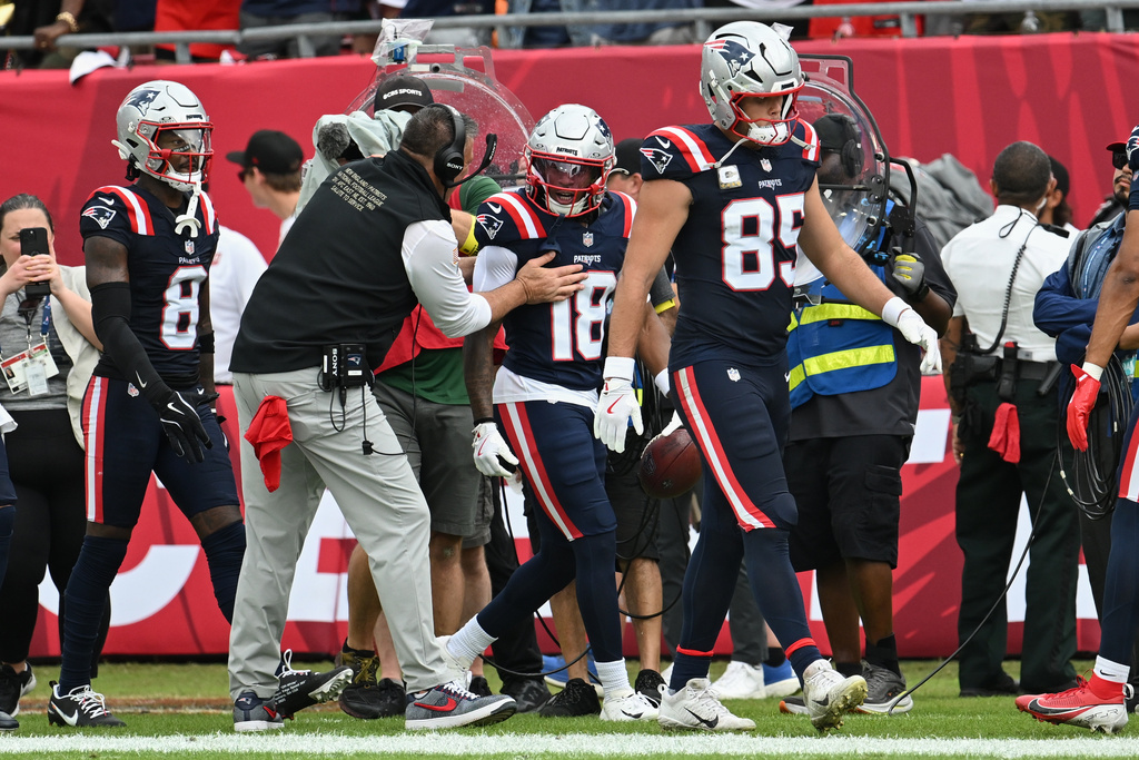 New England Patriots head coach Mike Vrabel celebrates after New England Patriots wide receiver Kyle Williams (18) scored a touchdown against the Tampa Bay Buccaneers during the first half of an NFL football game Sunday, Nov. 9, 2025, in Tampa, Fla. (AP Photo/Jason Behnken)
