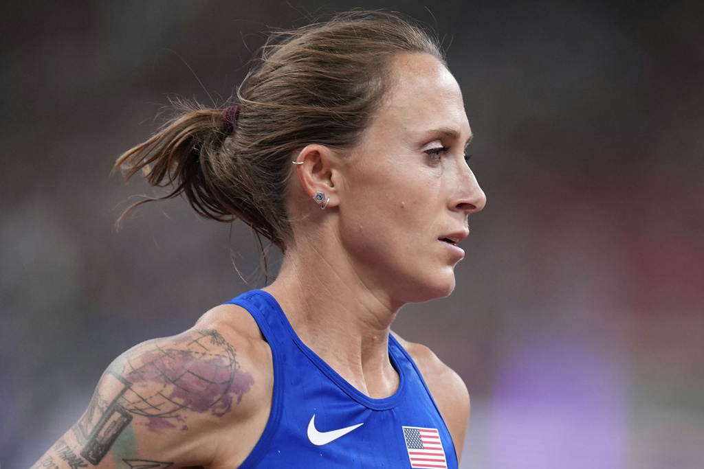 United States' Shelby Houlihan competes in women's 5,000 meters heat at the World Athletics Championships in Tokyo, Thursday, Sept. 18, 2025. (AP Photo/Eugene Hoshiko)