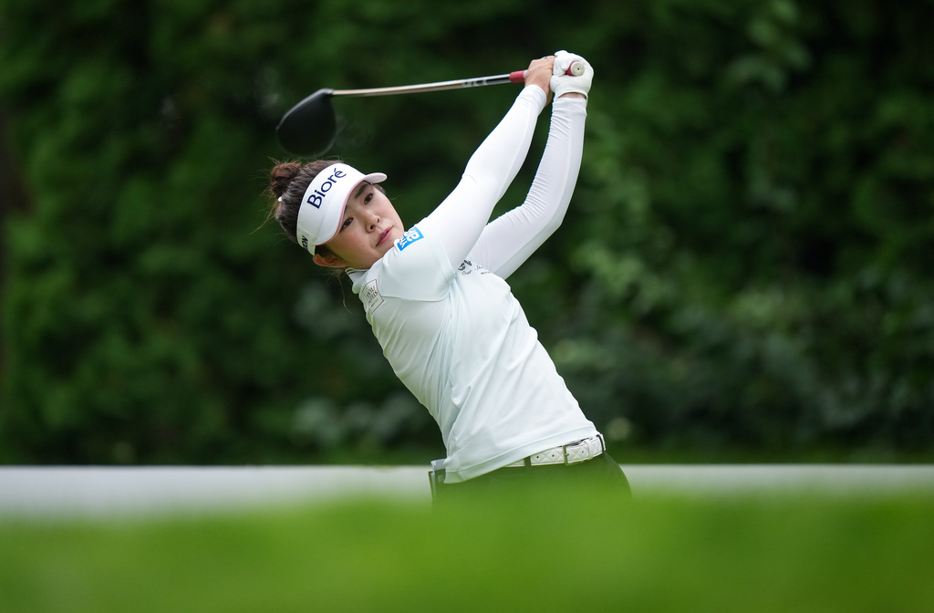 Miyu Yamashita, of Japan, hits her tee shot on the fourth hole during the third round at the LPGA Women's Open golf tournament, in Edmonton, Saturday, Aug. 22, 2026. (Darryl Dyck/The Canadian Press via AP)