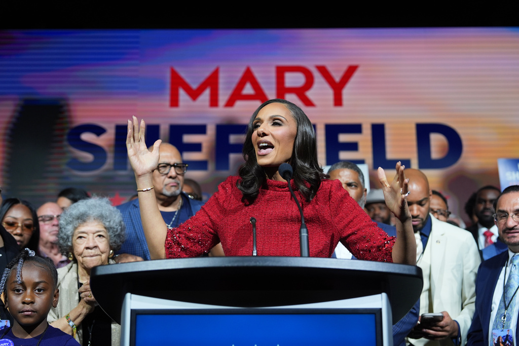 City Council President Mary Sheffield speaks during an election night watch party after winning the mayoral race on Tuesday, Nov. 4, 2025, in Detroit. (AP Photo/Paul Sancya)