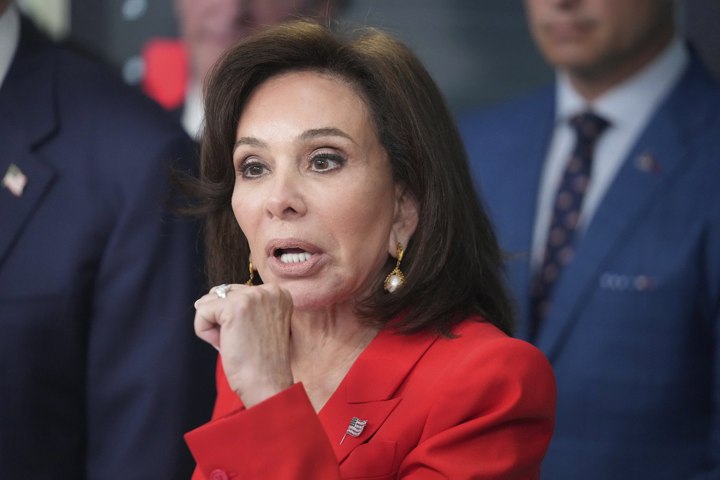 U.S. Attorney Jeanine Pirro speaks during a press briefing with President Donald Trump in the James Brady Press Briefing Room at the White House, Monday, Aug. 11, 2025, in Washington. (AP Photo/Mark Schiefelbein)