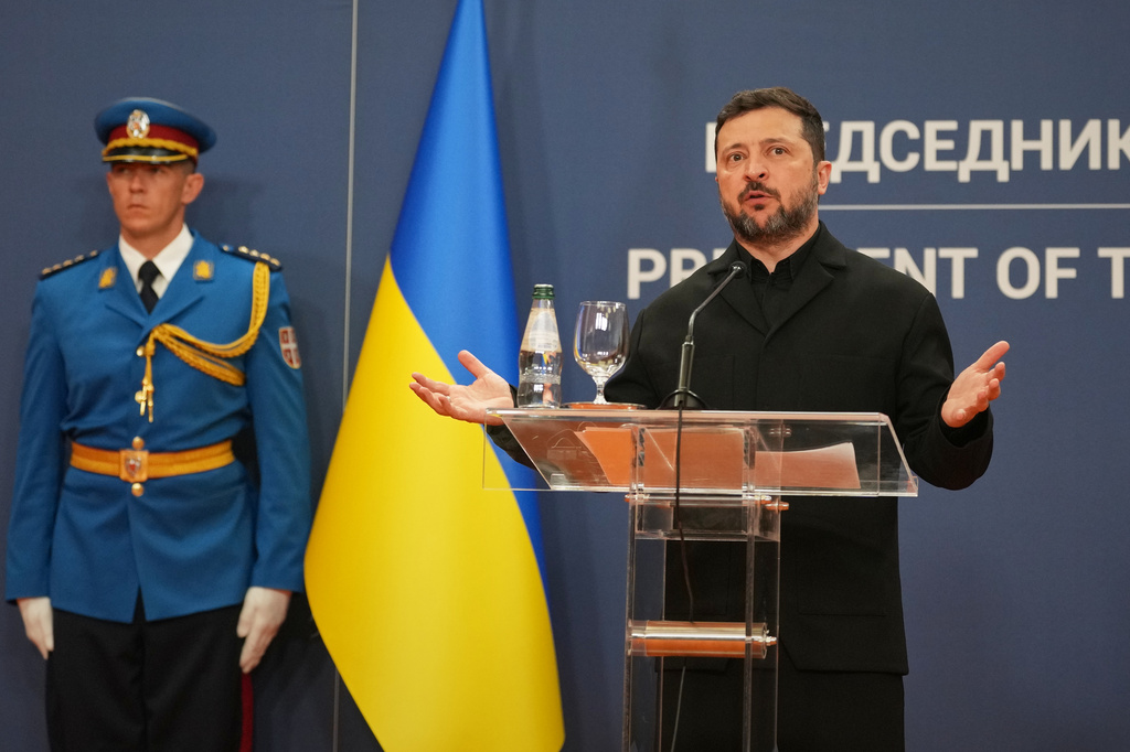 Ukraine's President Volodymyr Zelenskyy speaks during a press conference with his Serbian counterpart Aleksandar Vucic at the Serbia Palace, in Belgrade, Serbia, Saturday, Aug. 8, 2026. (AP Photo/Darko Vojinovic)