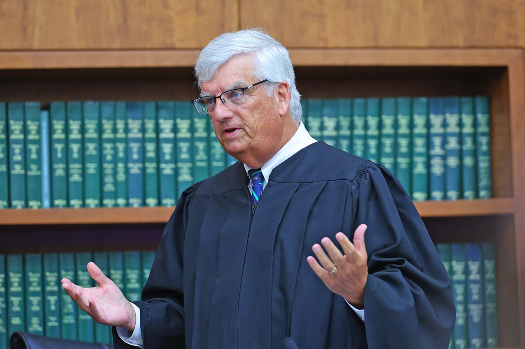 Justice William Sullivan informs the jury that the defense will start making their case as early as today during Lindsay Clancy's murder trial at Plymouth Superior Court in Plymouth, Mass., Monday, Aug. 17 2026. (Greg Der/The Patriot Ledger via AP, Pool)