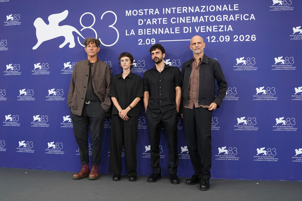 Producer Jonathan Glazer, from left, Rachel Szor, Yuval Abraham and producer James Wilson pose for photographers at the photo call for the film 'Naza' during the 83rd edition of the Venice Film Festival in Venice, Italy, on Thursday, Sept. 10, 2026. (Photo by Scott A Garfitt/Invision/AP)