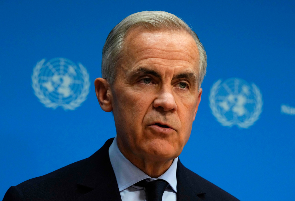 Canada Prime Minister Mark Carney speaks during a media availability on the sidelines of the the United Nations General Assembly (UNGA) at the UN headquarters on Tuesday, Sept. 22, 2026. (Justin Tang/The Canadian Press via AP)