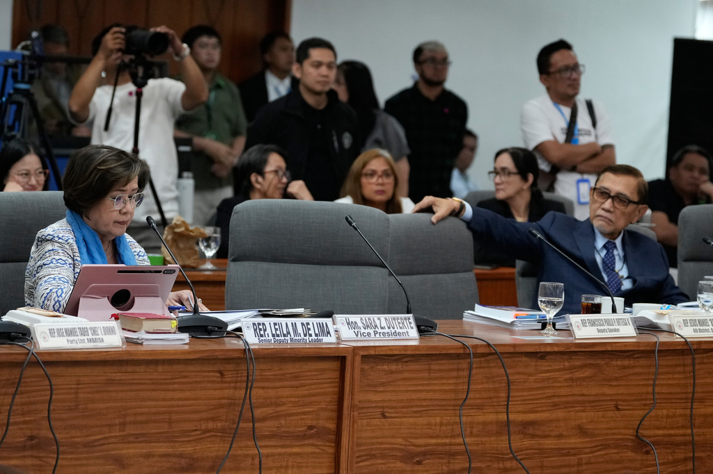 A seat for Philippine Vice President Sara Duterte is left vacant as she did attend a congressional hearing on an impeachment bid against her at the House of Representatives in Quezon city, Philippines on Wednesday, April 22, 2026. (AP Photo/Aaron Favila)