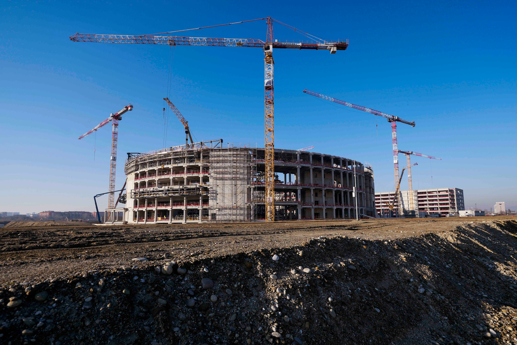 FILE - Construction continues at the Milano Santagiulia Ice Hockey Arena for the Milan Cortina 2026 Winter Olympics in Milan, Italy, Wednesday, Jan. 15, 2025. (AP Photo/Luca Bruno, File)