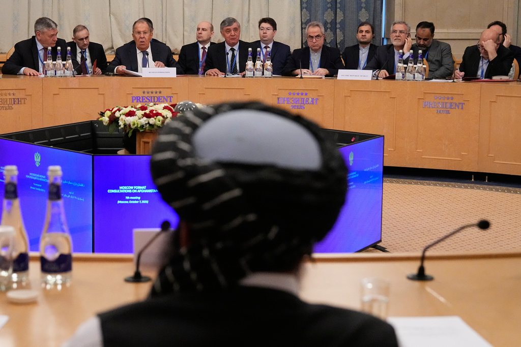 Russian Foreign Minister Sergey Lavrov, third left, speaks during the Moscow format consultations on Afghanistan in Moscow, Russia, Tuesday, Oct. 7, 2025. (AP Photo/Alexander Zemlianichenko)