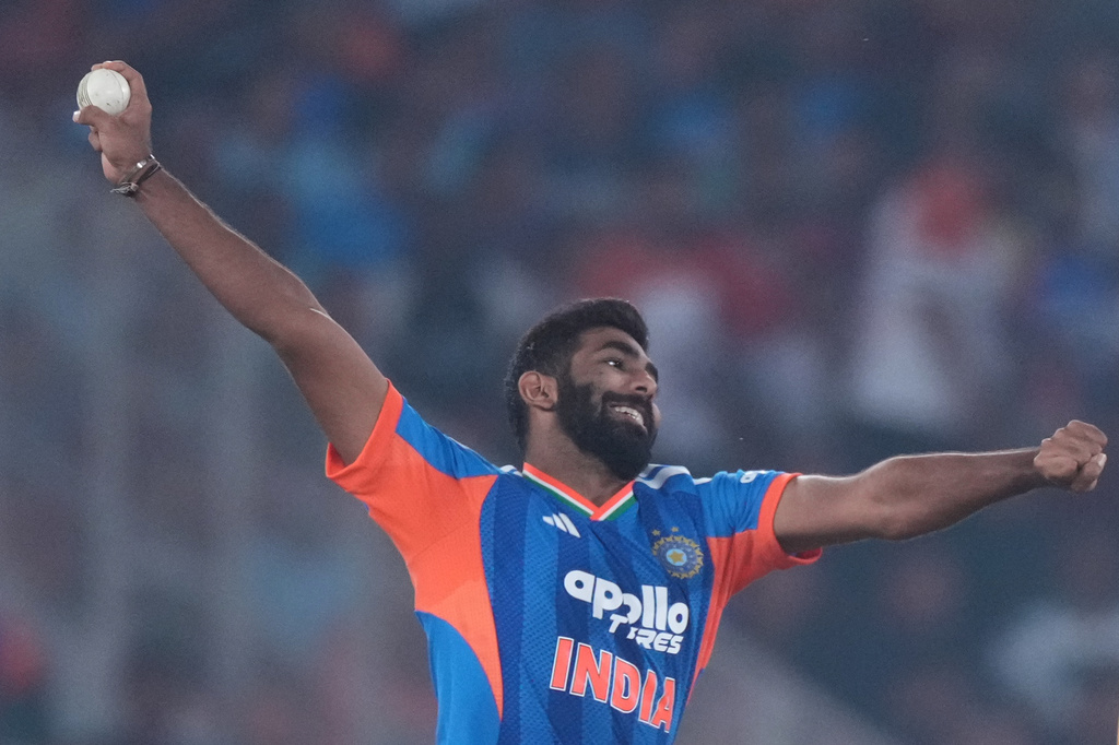 India's Jasprit Bumrah bowls a delivery during the fifth T20 cricket match between India and South Africa in Ahmedabad, India, Friday, Dec. 19, 2025. (AP Photo/Ajit Solanki)