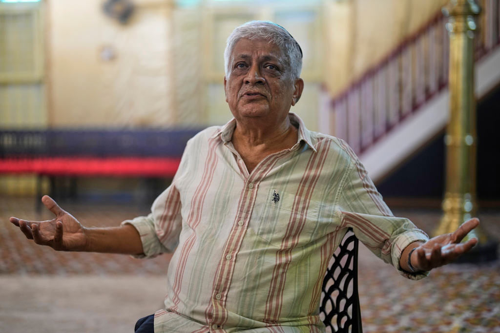 Elias Josephai, a Malabari Jew, speaks to The Associated Press at the 12th-century Kadavumbagam Synagogue in Ernakulam, mainland district of Kochi, India, Thursday, May 21, 2026. (AP Photo/Aijaz Rahi)