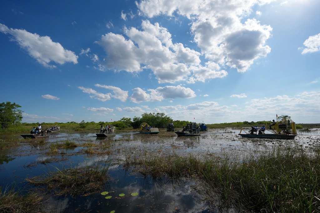 FILE - Airboats carry members of a task force that brings together federal, state, tribal and local agencies working to restore and protect the Florida Everglades, on a field visit to the Miccosukee Indian Reservation ahead of a task force meeting hosted by the Miccosukee Tribe, April 24, 2024. (AP Photo/Rebecca Blackwell, File)