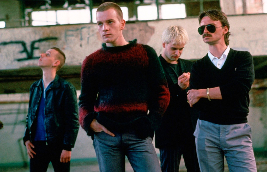 This image released by Sony Pictures Classics shows, from left, Ewen Bremner, Ewan McGregor, Johnny Lee Miller, and Robert Carlyle in a scene from "Trainspotting." (Liam Longman/Sony Pictures Classics via AP)