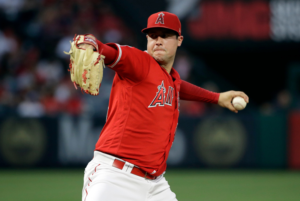 FILE - In this June 29, 2019, file photo, Los Angeles Angels starting pitcher Tyler Skaggs throws to an Oakland Athletics batter during a baseball game in Anaheim, Calif. (AP Photo/Marcio Jose Sanchez, File)