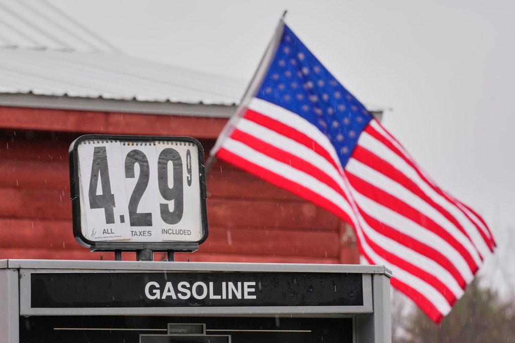 A sign shows the price of gas at a store, Tuesday, March 31, 2026, in Freeport, Maine. (AP Photo/Robert F. Bukaty)