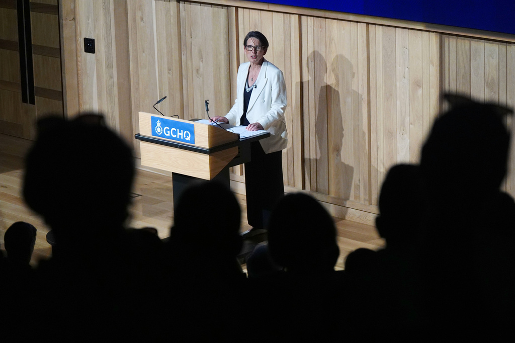 Director of GCHQ Anne Keast-Butler delivers her inaugural annual lecture Wednesday, May 27, 2026, at Bletchley Park, Buckinghamshire, Britain. (Jacob King/PA via AP)
