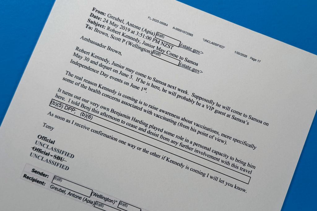 An email obtained by The Guardian and The Associated regarding a trip to Samoa in 2019 by Robert F. Kennedy Jr., is photographed Thursday, Feb. 5, 2026, in Washington. (AP Photo/Jon Elswick)