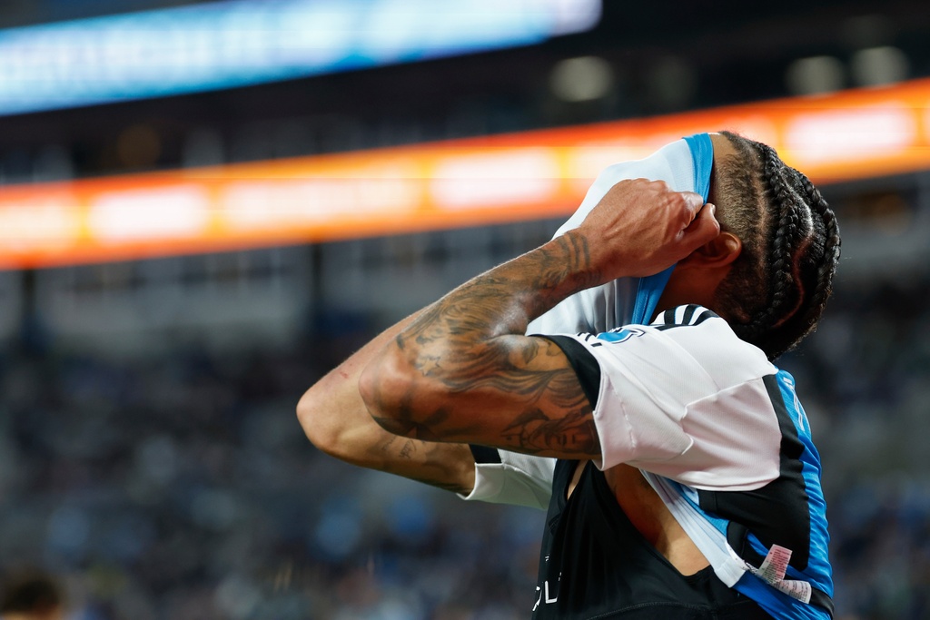 Charlotte FC forward Idan Toklomati reacts after missing a shot on goal during the second half against New York City FC in Game 1 of the first round of MLS soccer's Eastern Conference playoffs in Charlotte, N.C., Tuesday, Oct. 28, 2025. (AP Photo/Nell Redmond)