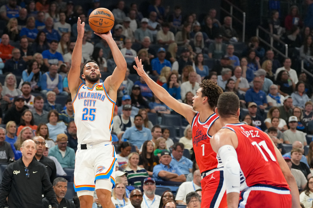 Oklahoma City Thunder guard Ajay Mitchell (25) shoots over Los Angeles Clippers guard Keaton Wagler (1) and center Brook Lopez (11) during the first half of an NBA basketball game, Sunday, Oct. 25, 2026, in Oklahoma City. (AP Photo/Kyle Phillips)