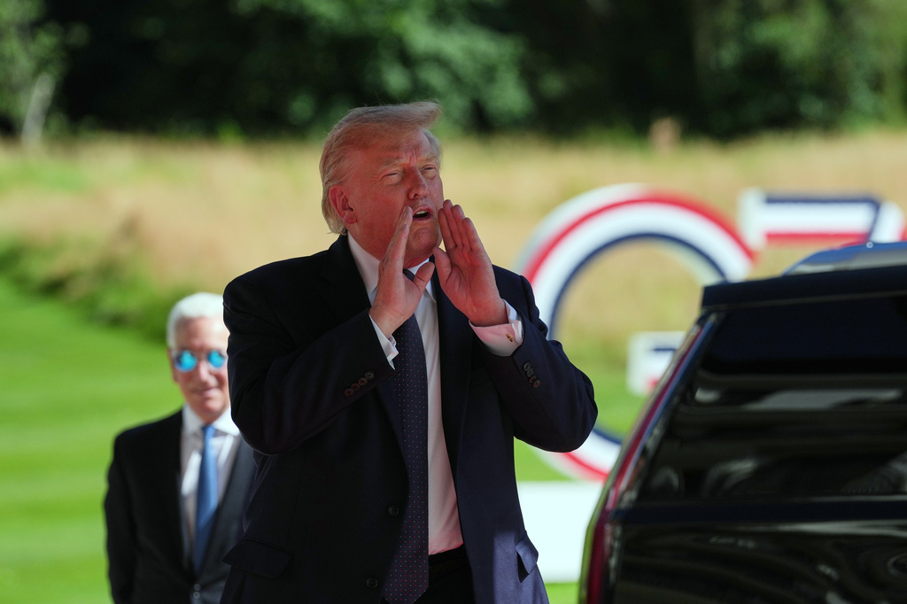 U.S. President Donald Trump arrives for the G7 summit in Evian-les-Bains, France, Monday, June 15, 2026. (AP Photo/Thibault Camus)
