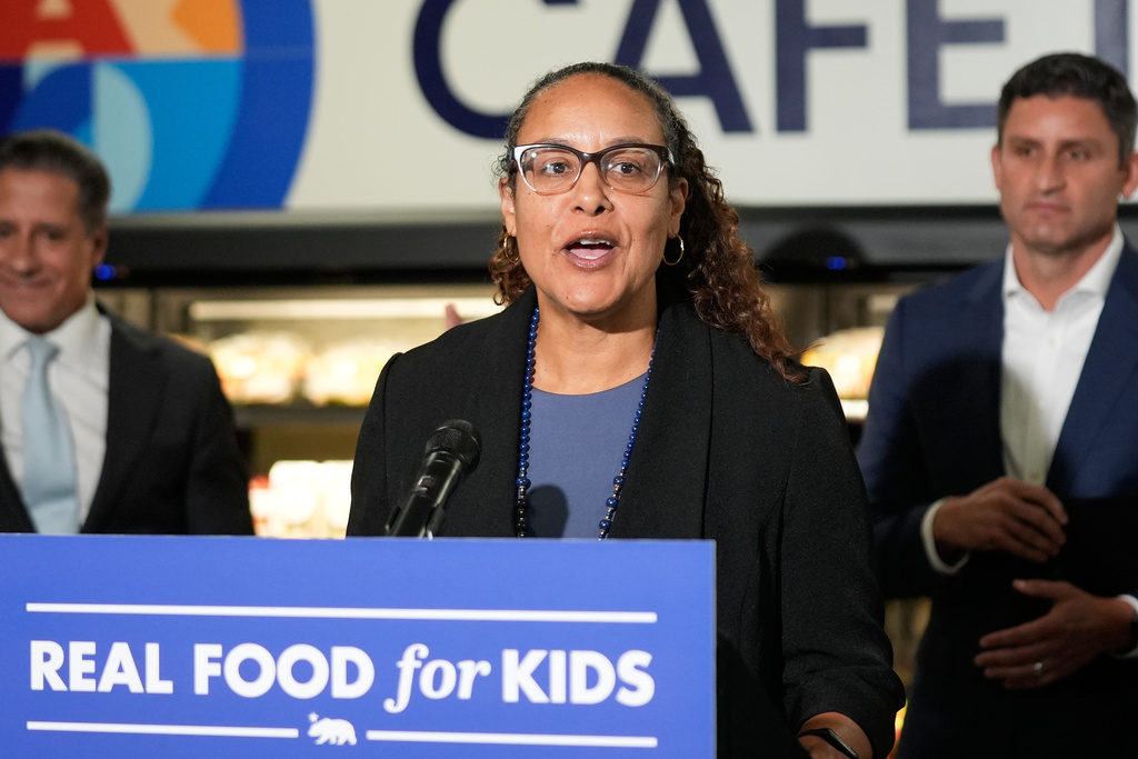 Human Services Agency Secretary Kim Johnson speaks at a news conference at Belvedere Middle School, Wednesday, Oct. 8, 2025, in Los Angeles. (AP Photo/Damian Dovarganes)