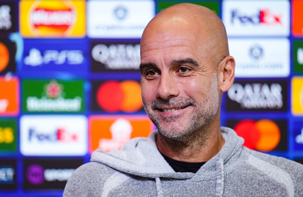 Manchester City manager Pep Guardiola during a press conference in Manchester, England, Tuesday, Nov. 4, 2025, ahead of the Champions League soccer match against Borussia Dortmund. (Martin Rickett/PA via AP)