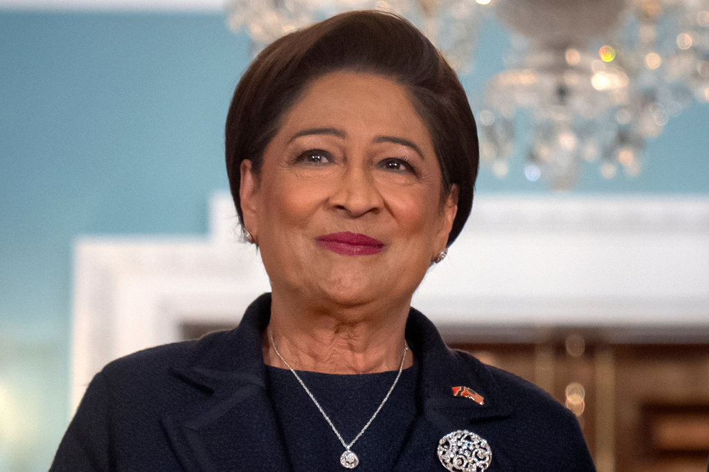 FILE - Trinidad and Tobago Prime Minister Kamla Persad-Bissessar stands at the State Department in Washington, Sept. 30, 2025. (AP Photo/Mark Schiefelbein, File)